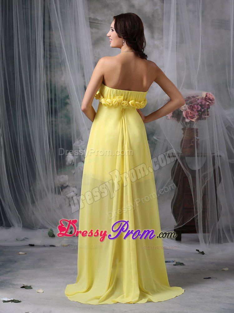 High-low Yellow Ruching Column Chiffon Hand Flowers JS Prom Dresses