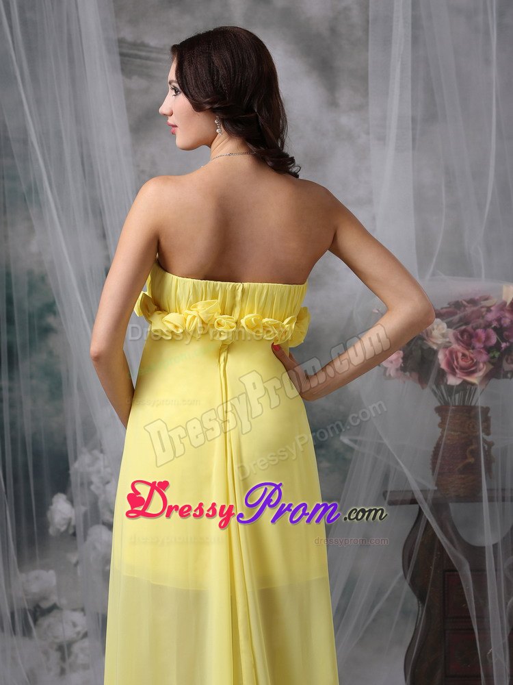 High-low Yellow Ruching Column Chiffon Hand Flowers JS Prom Dresses