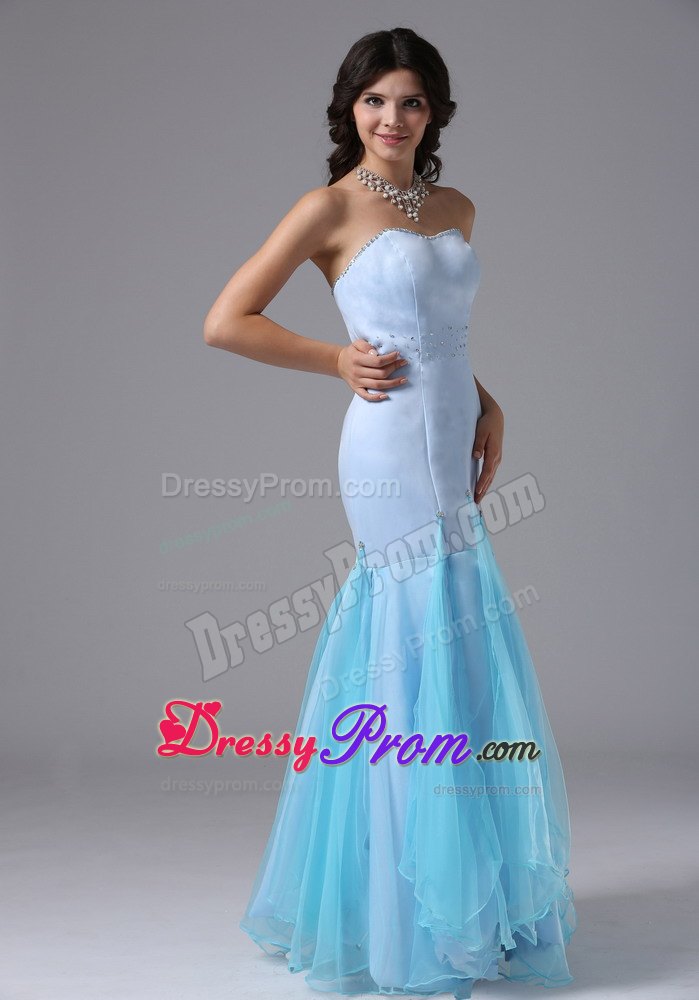 Light Blue Mermaid Beading For Prom Evening Dress Organza and Satin