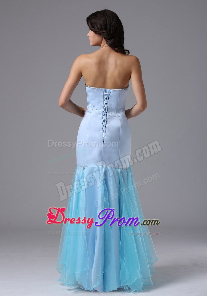 Light Blue Mermaid Beading For Prom Evening Dress Organza and Satin