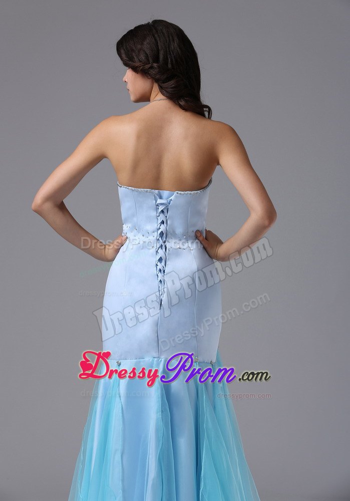 Light Blue Mermaid Beading For Prom Evening Dress Organza and Satin