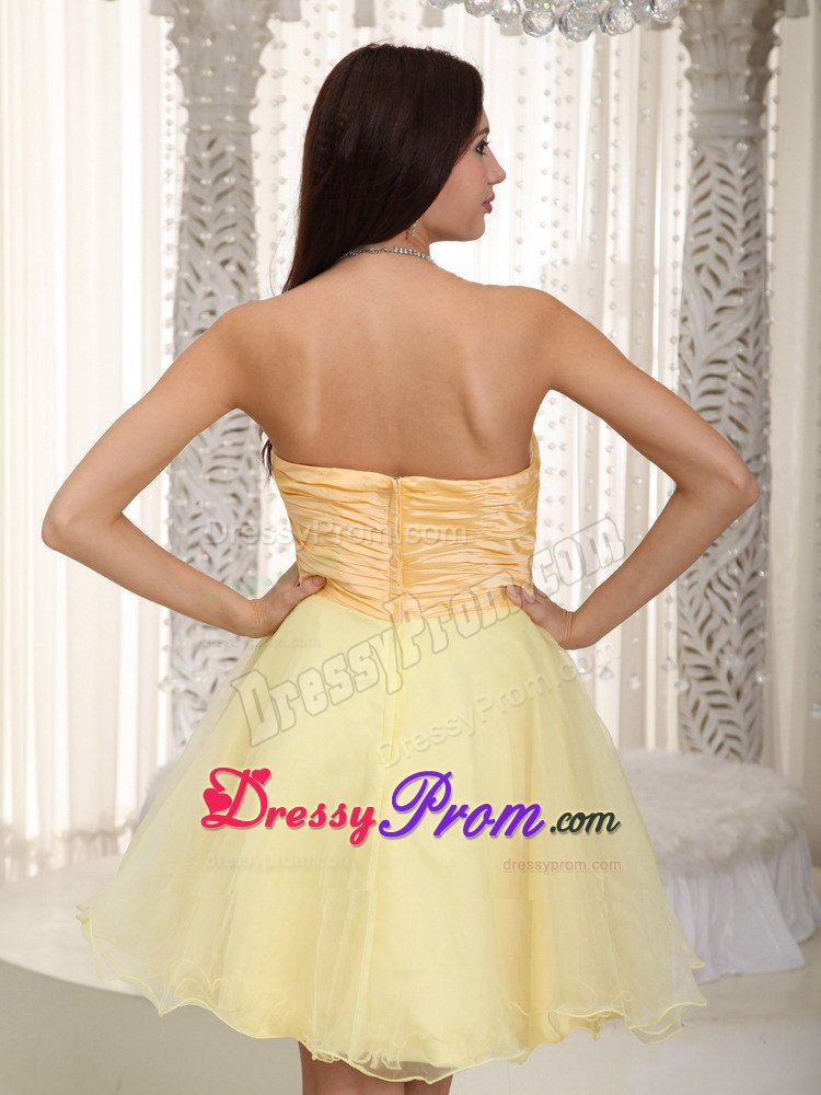 Light Yellow Ruche A-line Strapless Mini-length Organza JS Prom Dresses