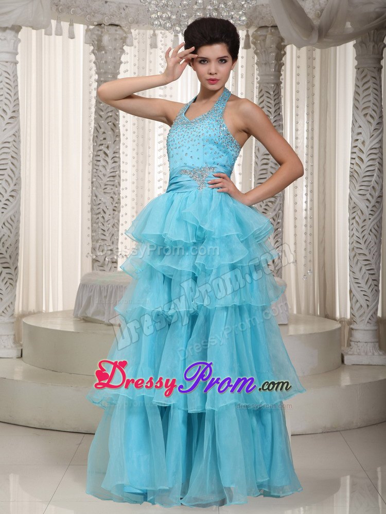 Beading Halter Aqua Blue Empire Layers Organza Prom Evening Dress