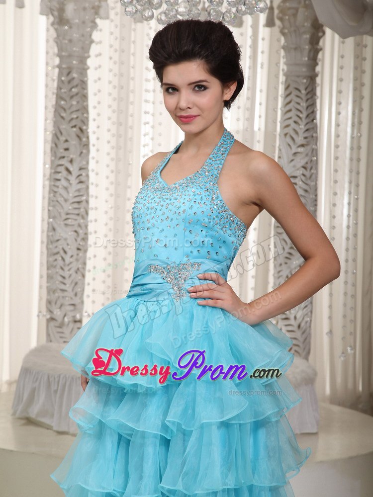 Beading Halter Aqua Blue Empire Layers Organza Prom Evening Dress