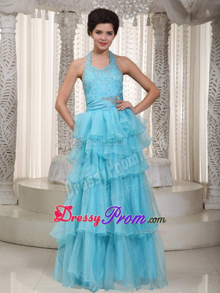 Beading Halter Aqua Blue Empire Layers Organza Prom Evening Dress