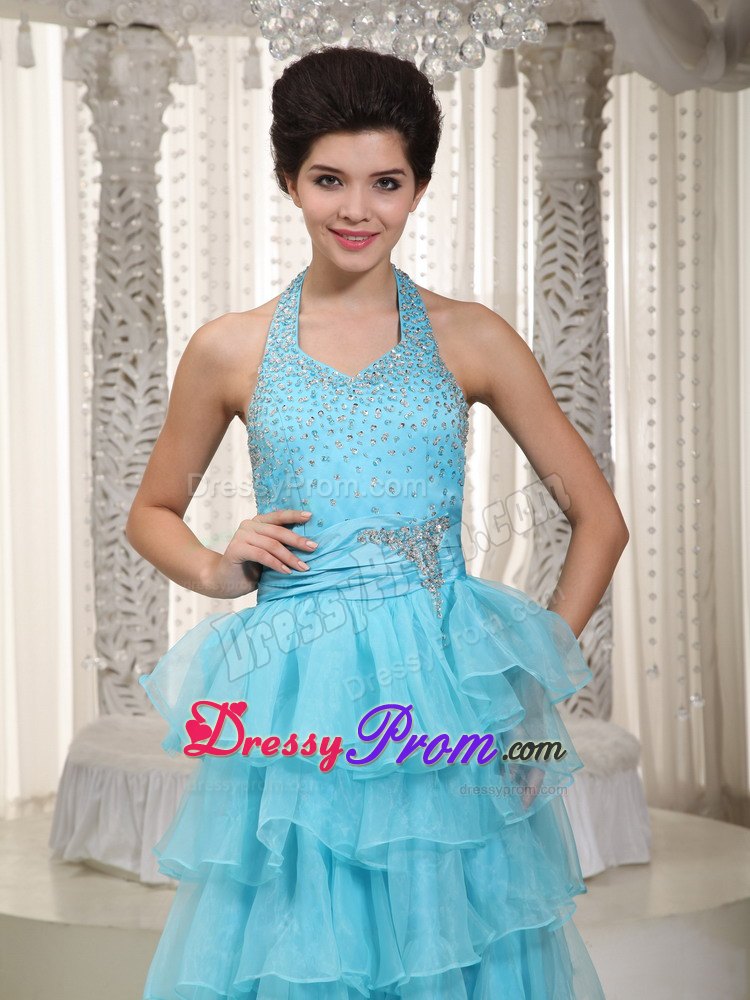 Beading Halter Aqua Blue Empire Layers Organza Prom Evening Dress