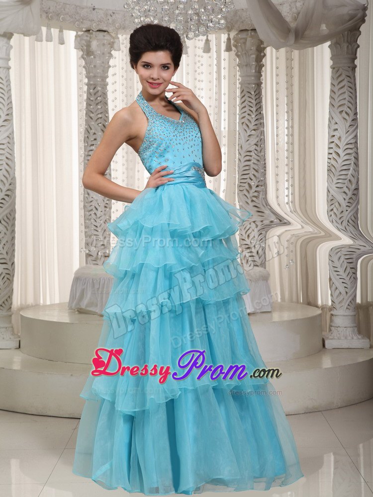 Beading Halter Aqua Blue Empire Layers Organza Prom Evening Dress