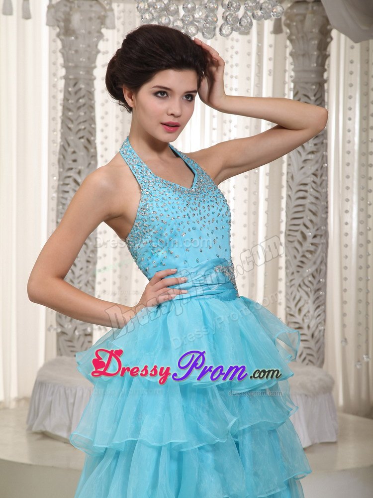 Beading Halter Aqua Blue Empire Layers Organza Prom Evening Dress