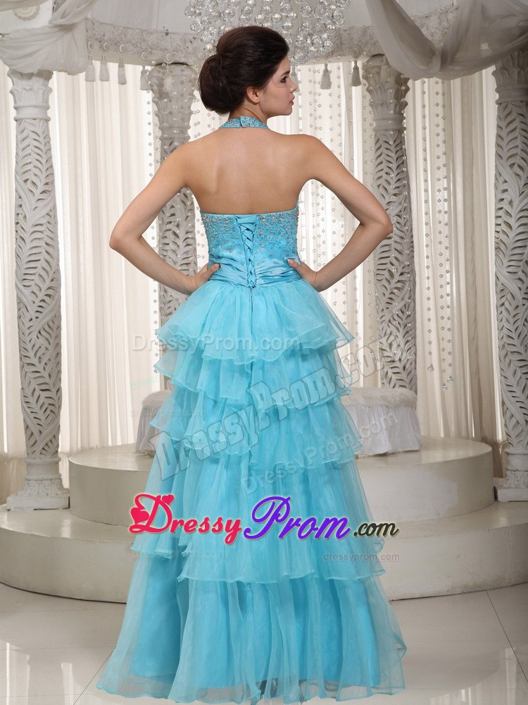 Beading Halter Aqua Blue Empire Layers Organza Prom Evening Dress