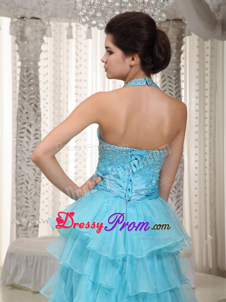 Beading Halter Aqua Blue Empire Layers Organza Prom Evening Dress