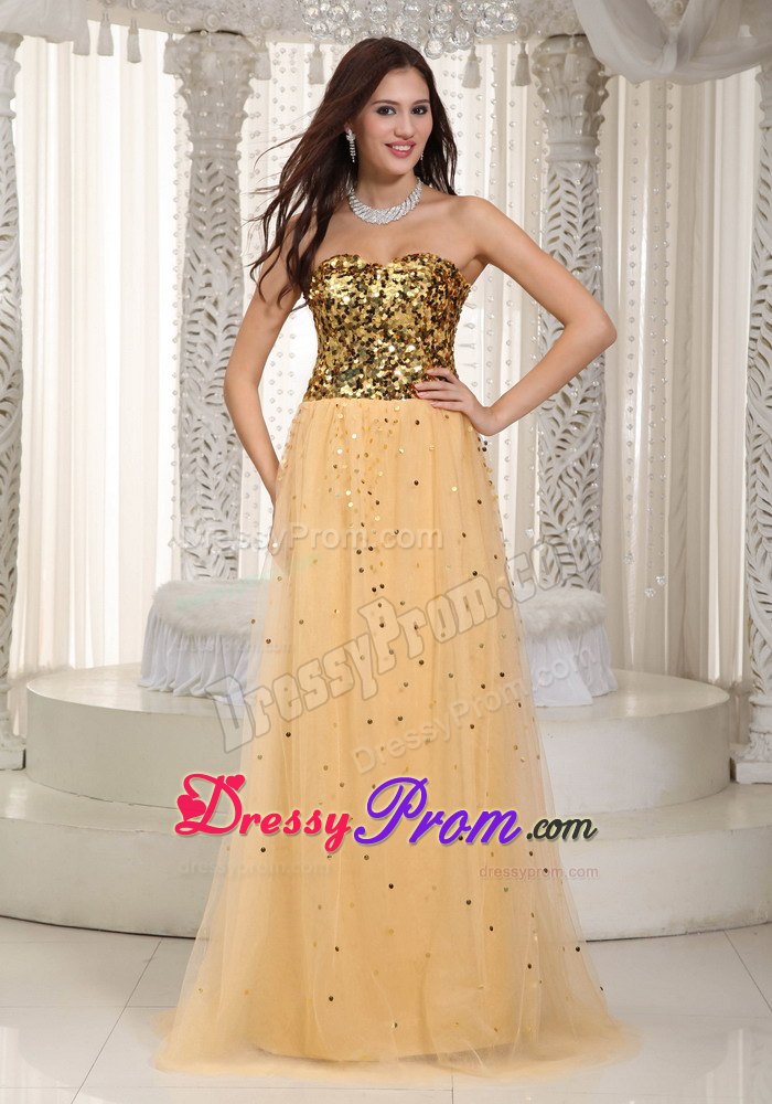 Sweetheart Empire Gold Brush Train Prom Dress in Tulle and Sequins
