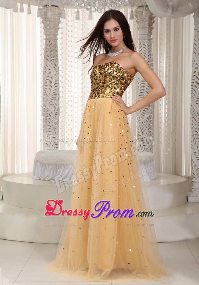 Sweetheart Empire Gold Brush Train Prom Dress in Tulle and Sequins