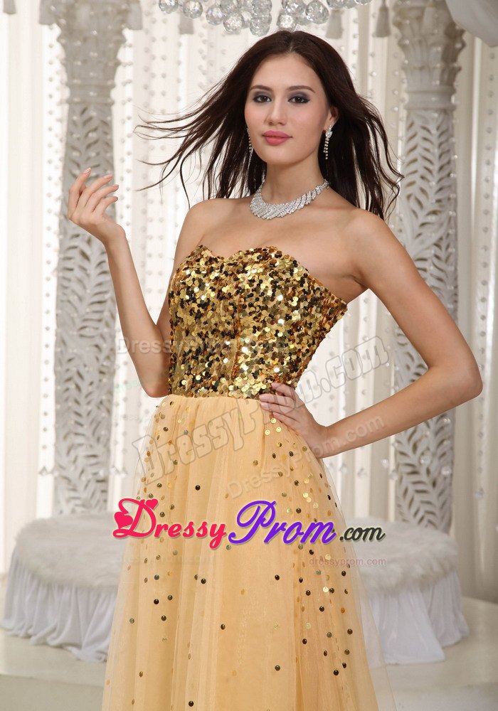 Sweetheart Empire Gold Brush Train Prom Dress in Tulle and Sequins