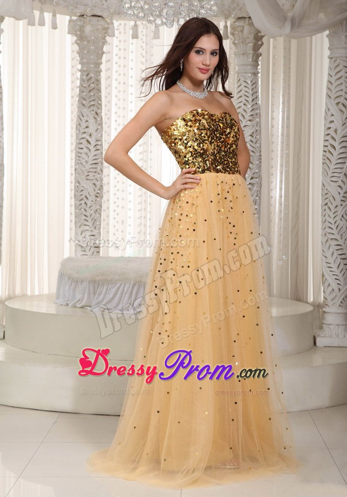 Sweetheart Empire Gold Brush Train Prom Dress in Tulle and Sequins