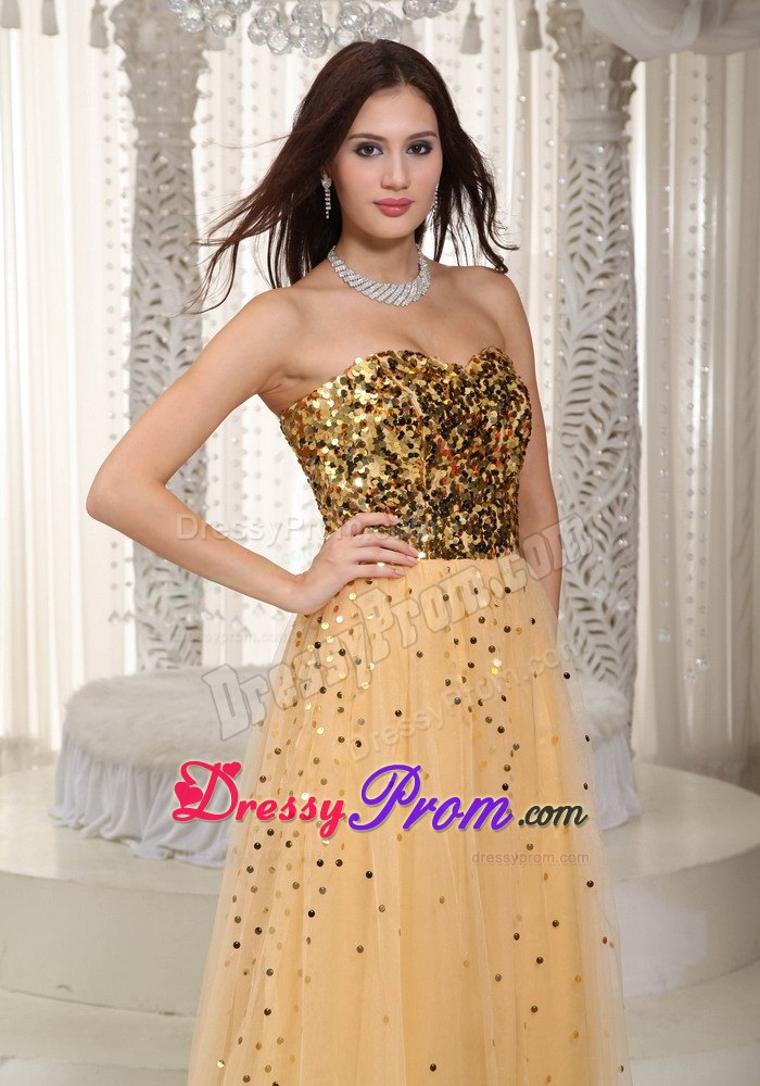Sweetheart Empire Gold Brush Train Prom Dress in Tulle and Sequins