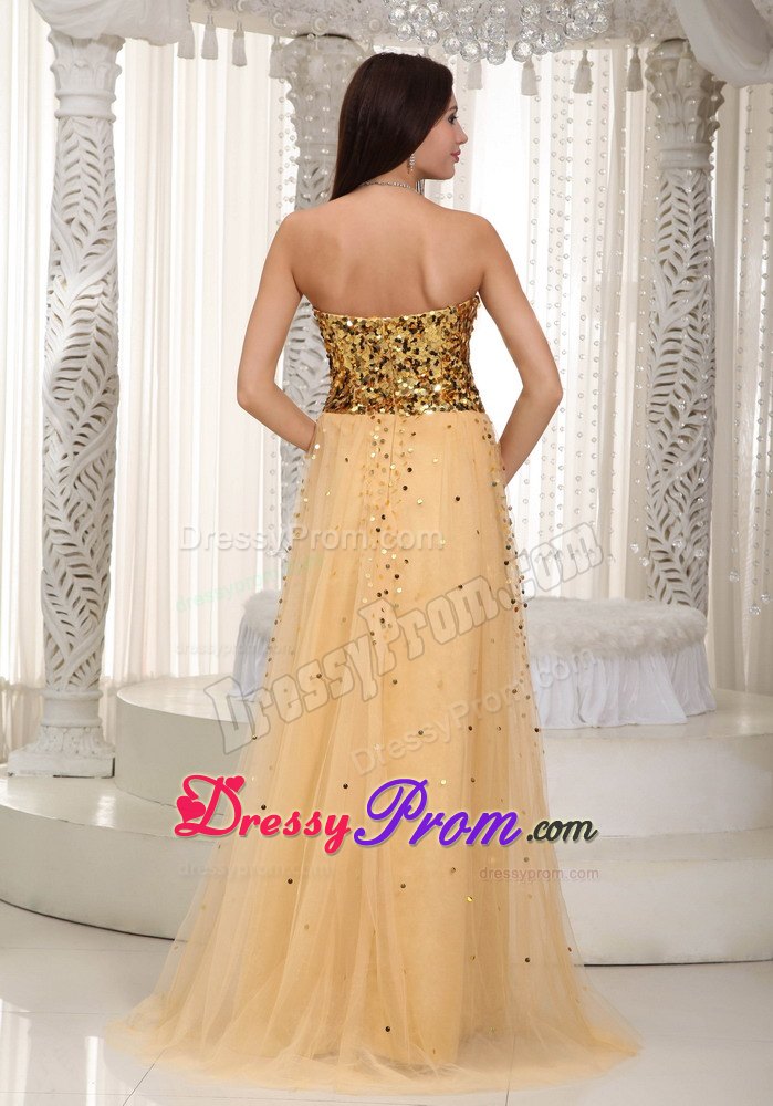Sweetheart Empire Gold Brush Train Prom Dress in Tulle and Sequins