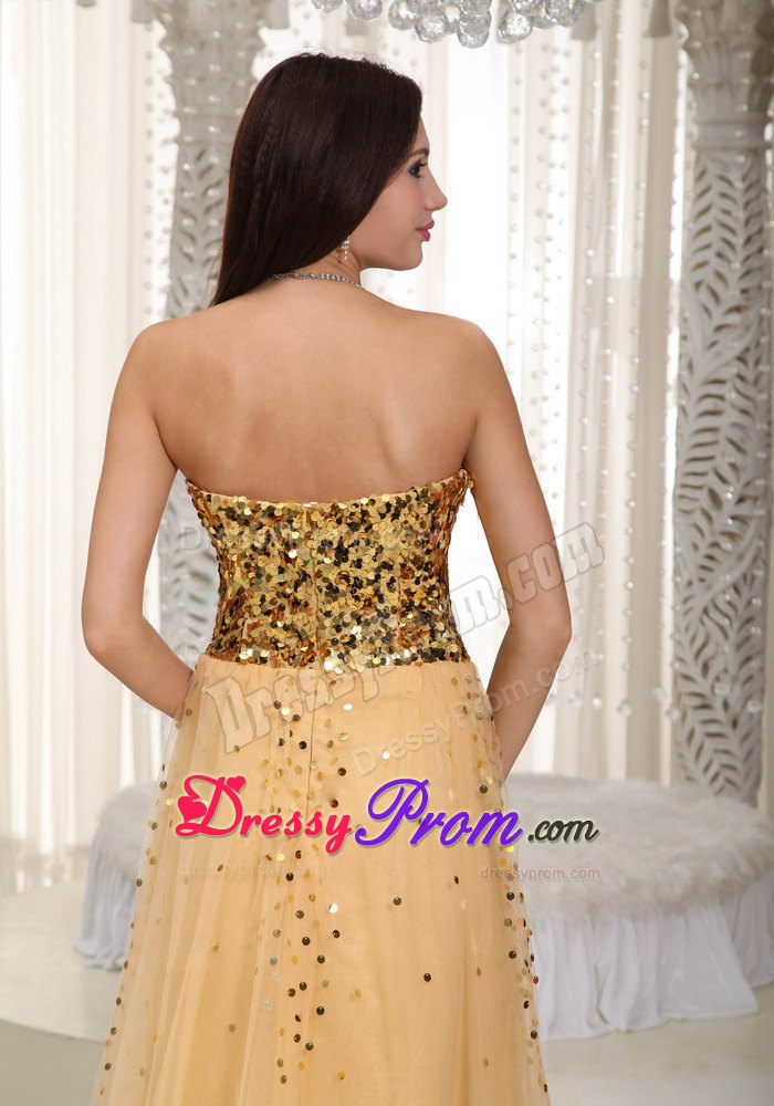 Sweetheart Empire Gold Brush Train Prom Dress in Tulle and Sequins