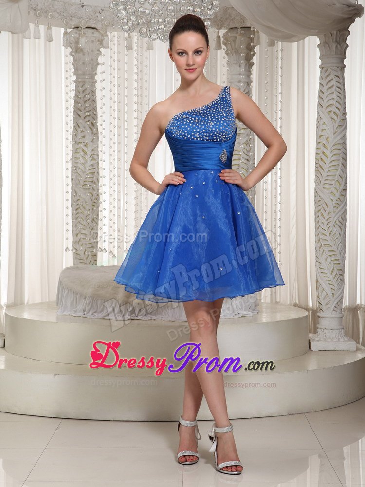 Beaded One Shoulder Royal Blue Organza Prom Homecoming Dress For Party