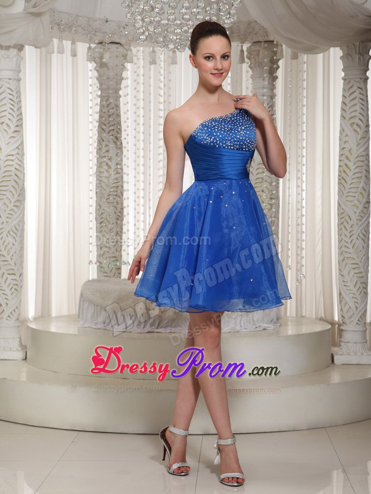 Beaded One Shoulder Royal Blue Organza Prom Homecoming Dress For Party