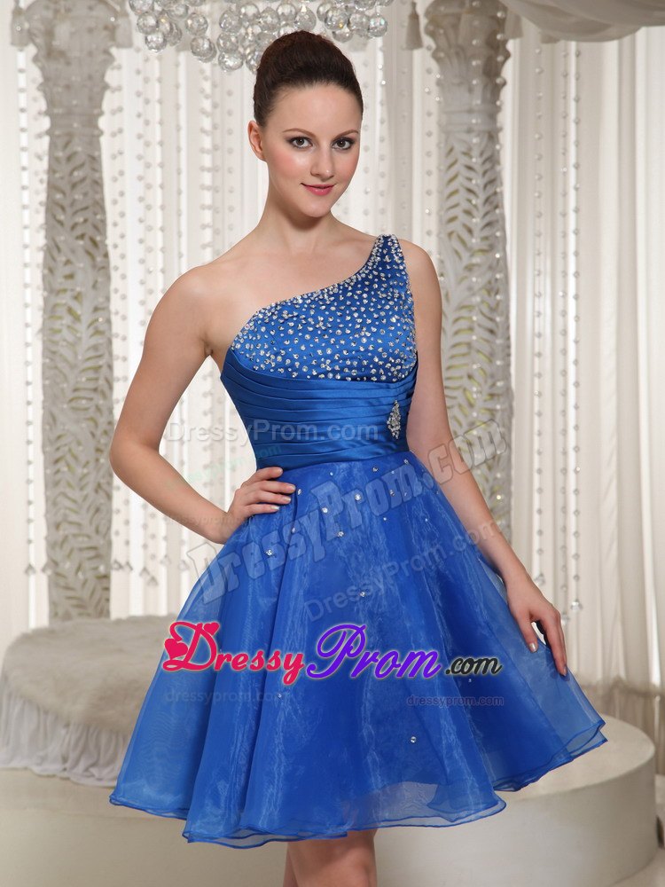 Beaded One Shoulder Royal Blue Organza Prom Homecoming Dress For Party