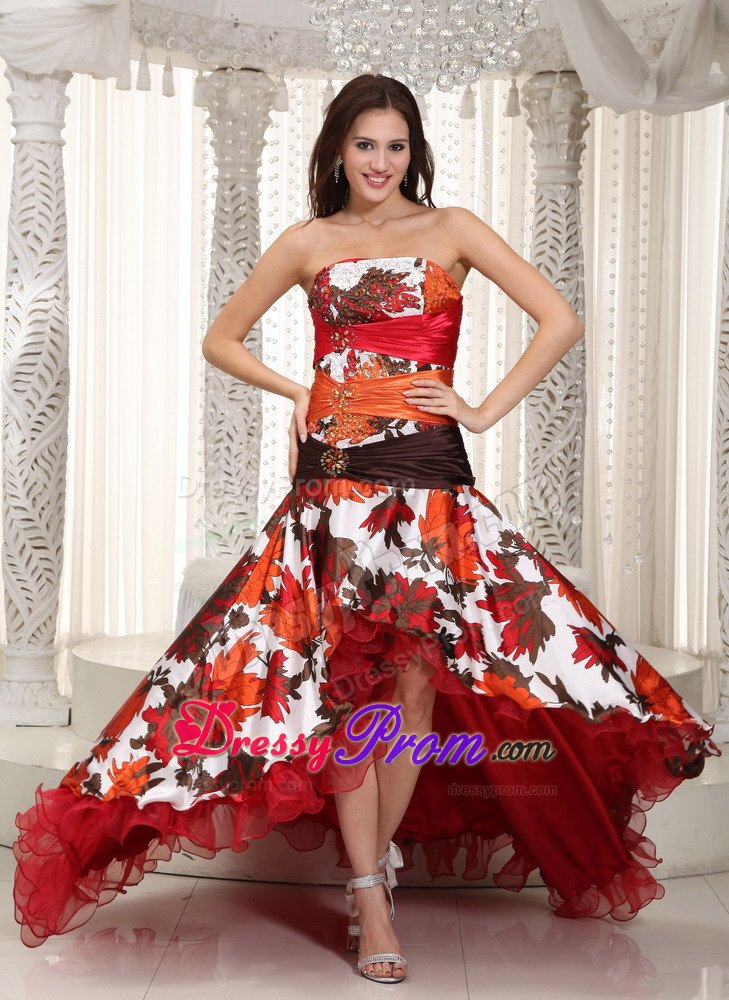 Colorful High-low A-line Strapless Organza and Printing Beading Prom Dress