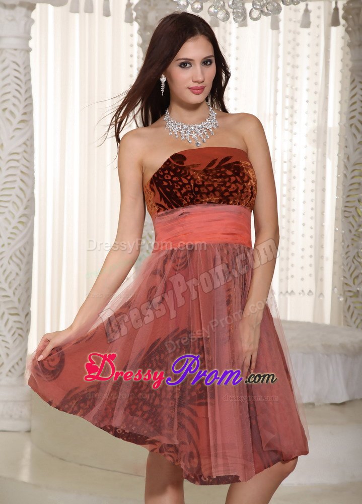 Belt Rust Red A-line Knee-length Prom Dress in Printing and Tulle