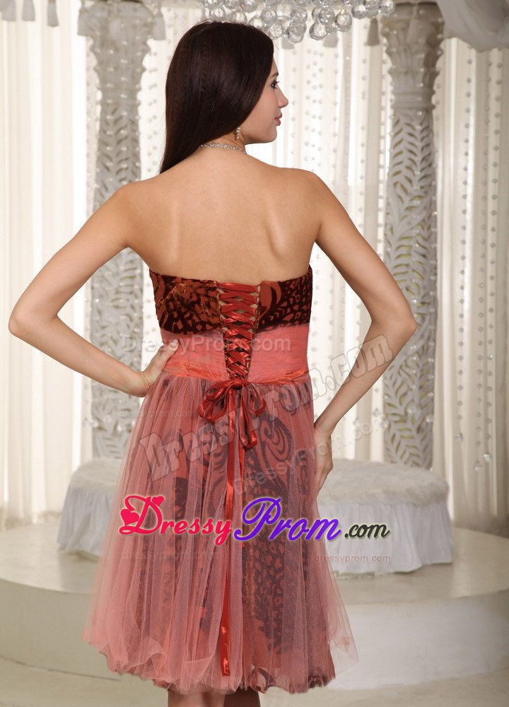 Belt Rust Red A-line Knee-length Prom Dress in Printing and Tulle