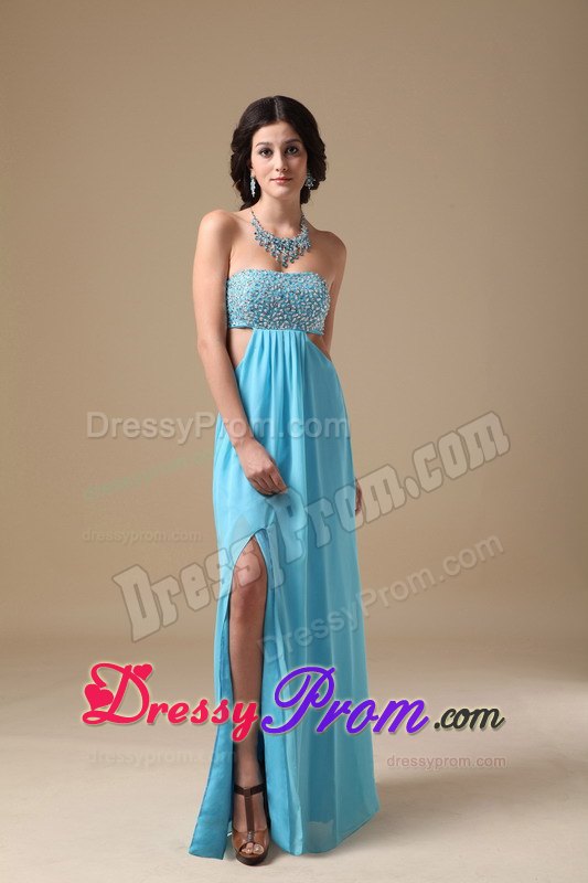 High Slit Open Back Empire Strapless Aqua Chiffon Beading Prom Dress