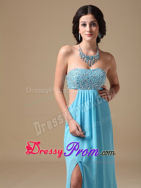 High Slit Open Back Empire Strapless Aqua Chiffon Beading Prom Dress