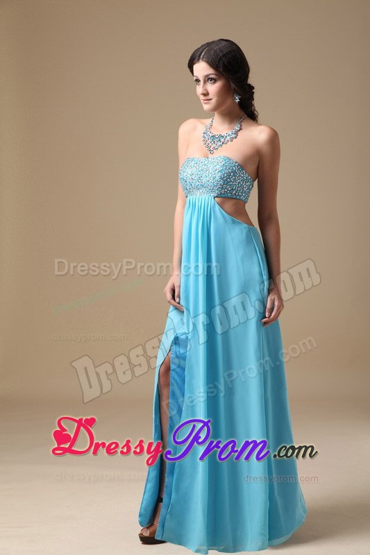 High Slit Open Back Empire Strapless Aqua Chiffon Beading Prom Dress