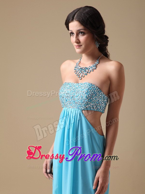 High Slit Open Back Empire Strapless Aqua Chiffon Beading Prom Dress