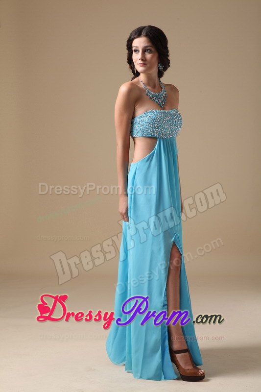 High Slit Open Back Empire Strapless Aqua Chiffon Beading Prom Dress