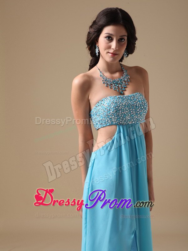 High Slit Open Back Empire Strapless Aqua Chiffon Beading Prom Dress