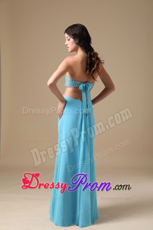 High Slit Open Back Empire Strapless Aqua Chiffon Beading Prom Dress