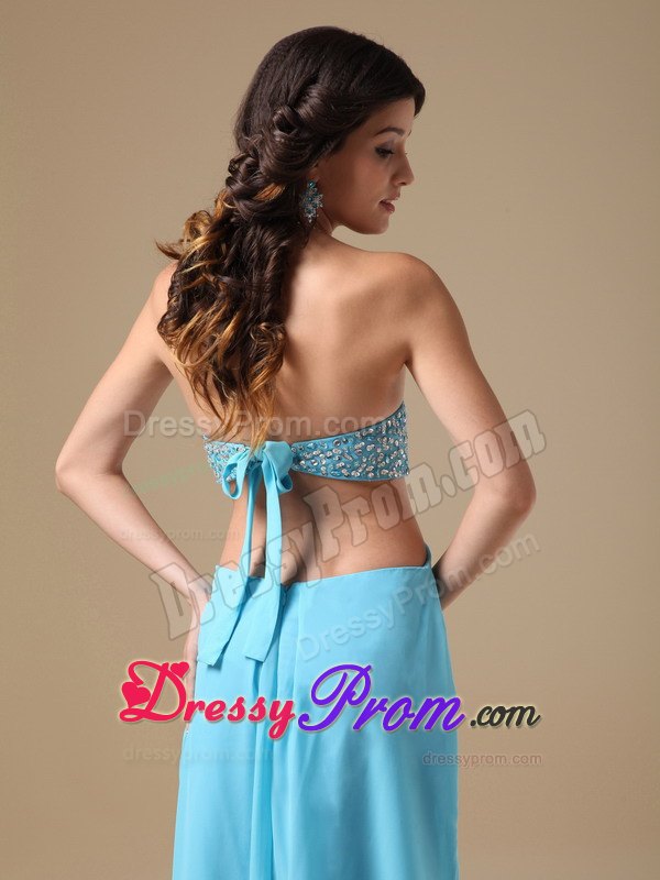 High Slit Open Back Empire Strapless Aqua Chiffon Beading Prom Dress
