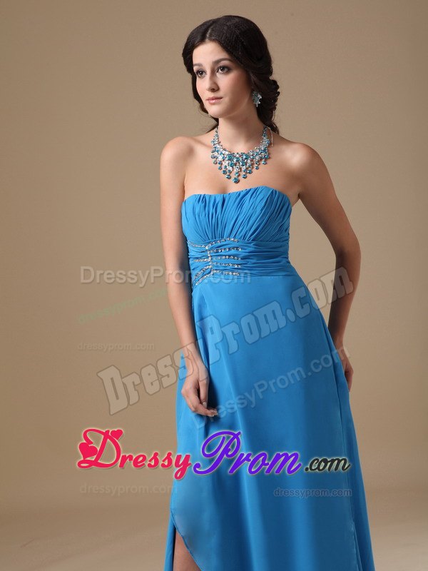 Empire Strapless Floor-length Chiffon Beading Prom Dress in Aqua Blue