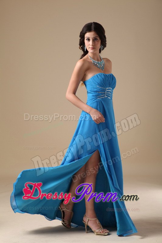Empire Strapless Floor-length Chiffon Beading Prom Dress in Aqua Blue