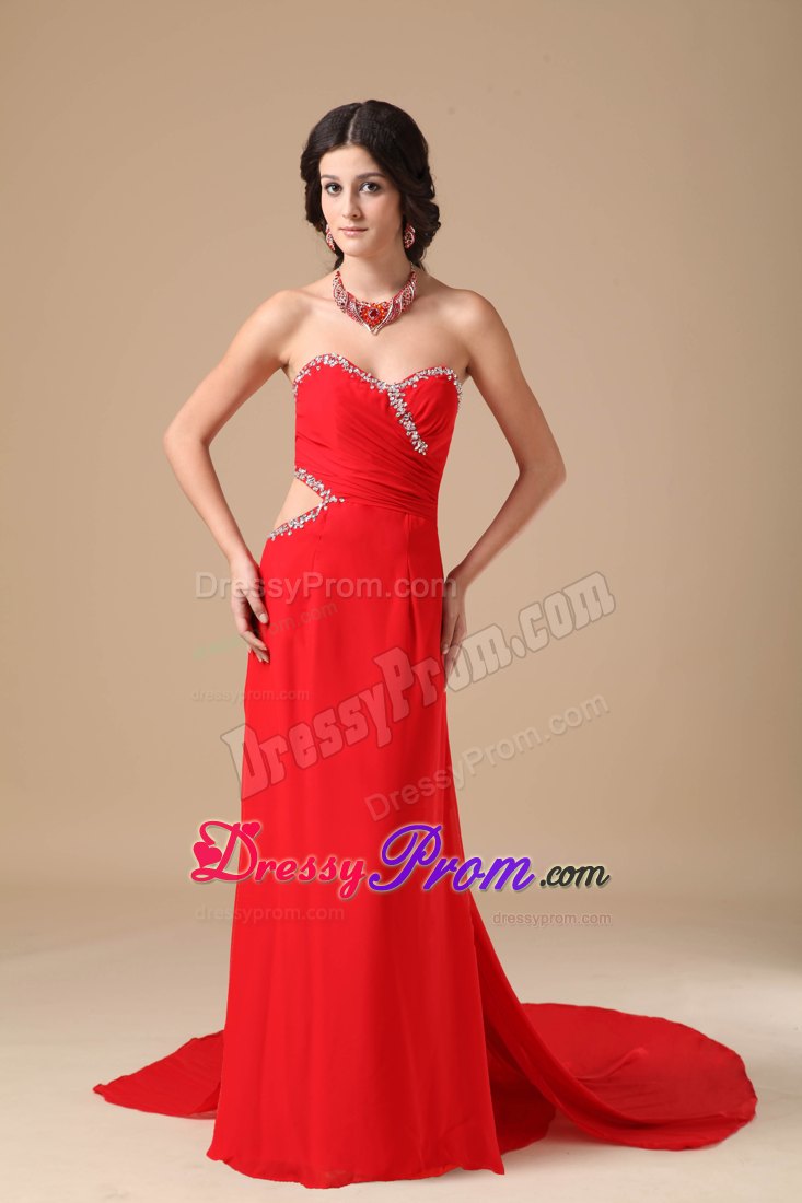 Sexy Red Sweetheart Column Chiffon Beading Prom Dress with Court Train