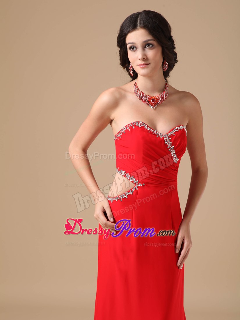 Sexy Red Sweetheart Column Chiffon Beading Prom Dress with Court Train
