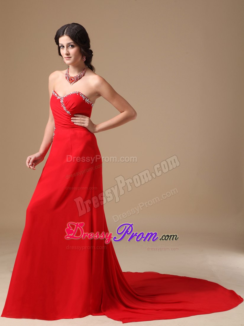 Sexy Red Sweetheart Column Chiffon Beading Prom Dress with Court Train