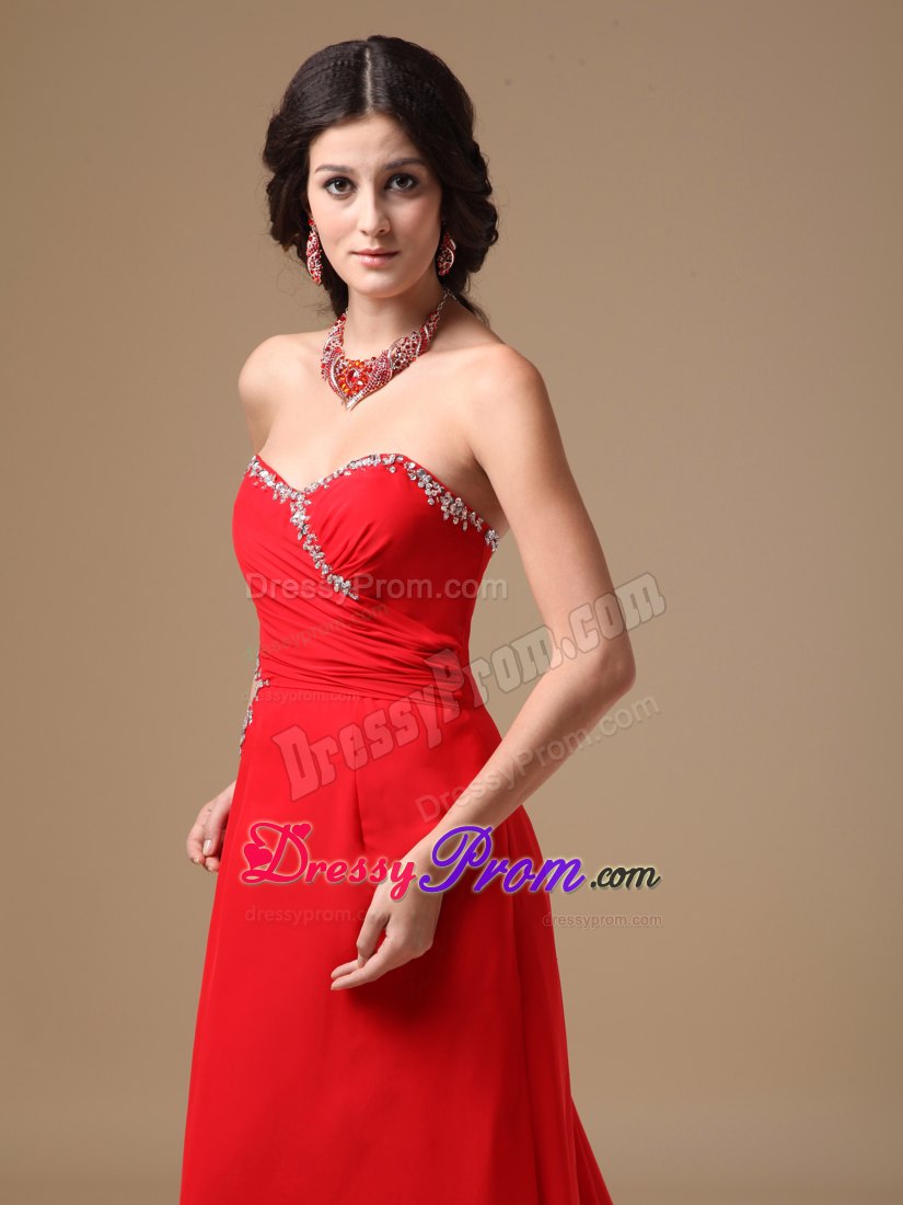 Sexy Red Sweetheart Column Chiffon Beading Prom Dress with Court Train