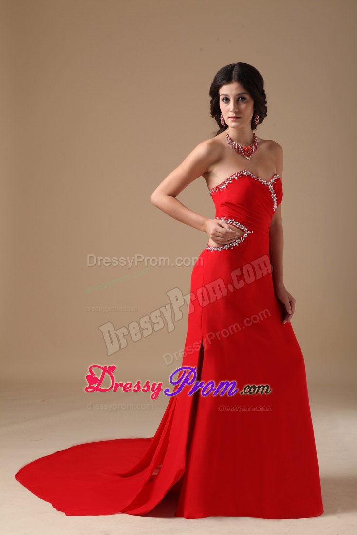 Sexy Red Sweetheart Column Chiffon Beading Prom Dress with Court Train