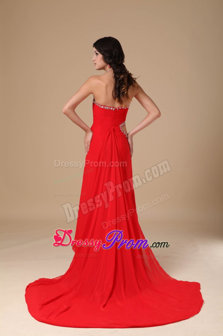 Sexy Red Sweetheart Column Chiffon Beading Prom Dress with Court Train