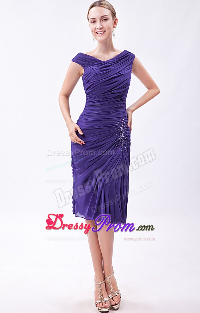 Low Price V-neck Knee-length Purple Ruched Beaded Prom Dress