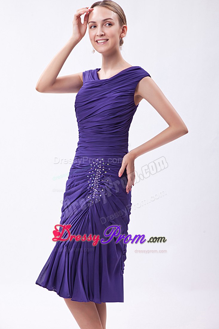 Low Price V-neck Knee-length Purple Ruched Beaded Prom Dress