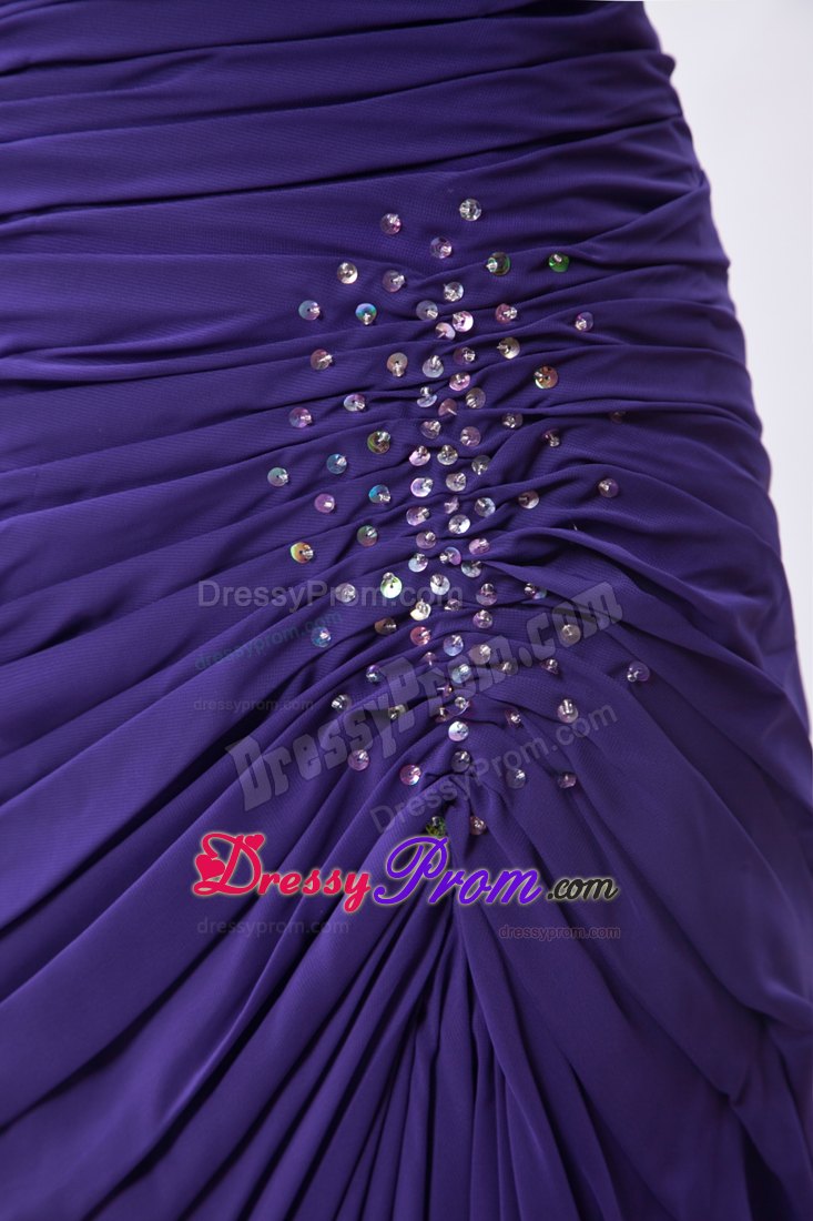 Low Price V-neck Knee-length Purple Ruched Beaded Prom Dress