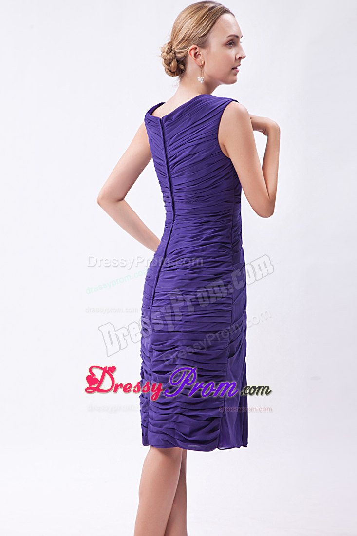 Low Price V-neck Knee-length Purple Ruched Beaded Prom Dress