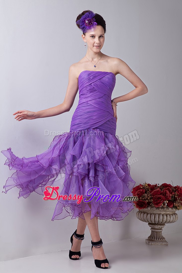 Organza Lavender Ruched Ruffled Prom formal Dress Tea-length