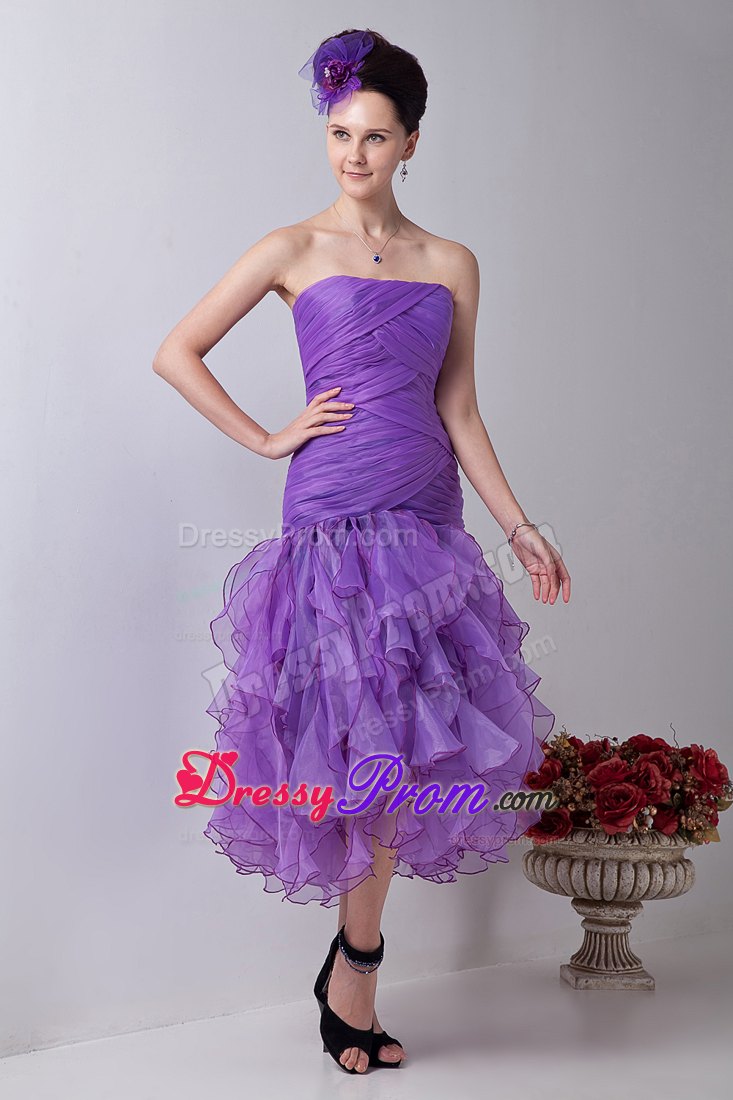 Organza Lavender Ruched Ruffled Prom formal Dress Tea-length