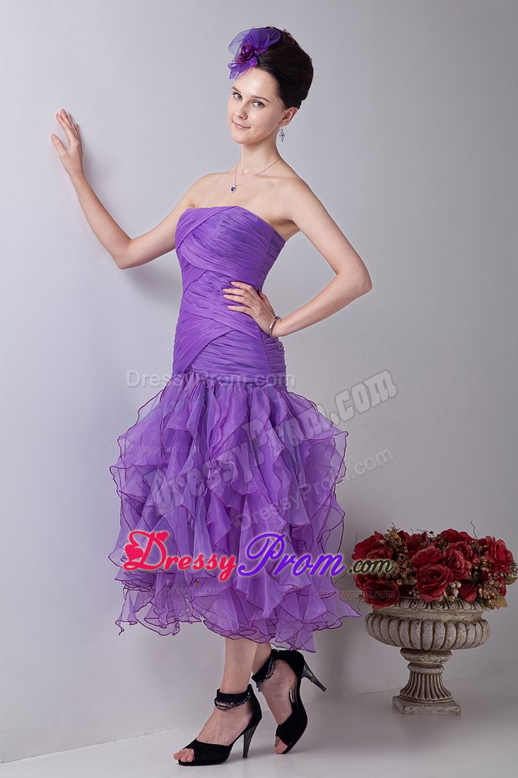 Organza Lavender Ruched Ruffled Prom formal Dress Tea-length